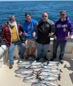 A nice catch of salmon and trout on one of our Kewaunee, Wisconsin fishing charters on Lake Michigan